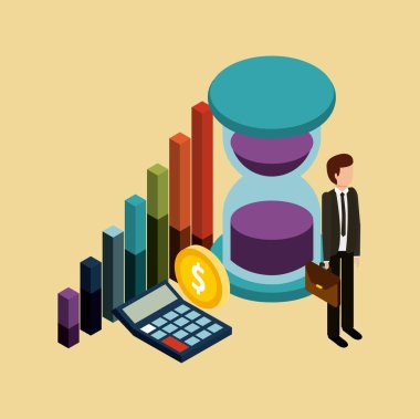 Evrak Çantası'nı zaman para grafik ve hesap makinesi izometrik işadamı