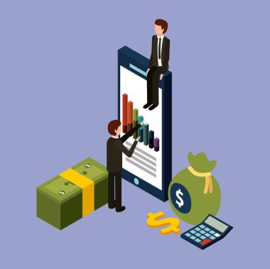 işadamları ile smartphone finansal para dolar hesap makinesi izometrik grafik