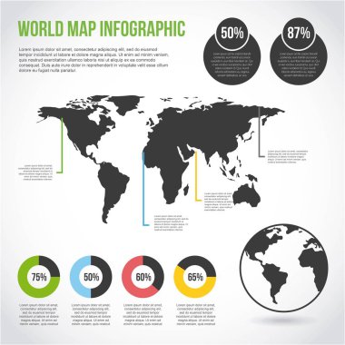 Dünya harita Infographic ülkeler yüzde grafik vektör çizim
