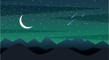 manzara siluet Dağları ile gece hilal ay ve düşme asteroitler