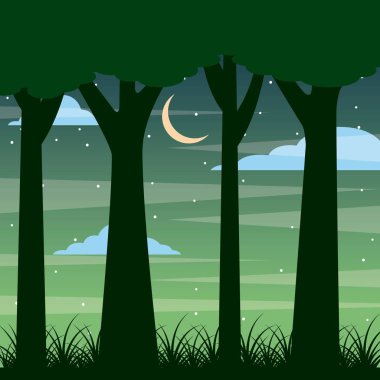 Orman gövde ağacı gece manzara ay ve bulutlar ile