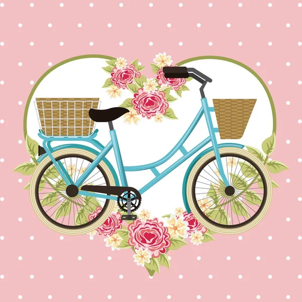 Vintage cesta de la bicicleta flores decoración del corazón — Vector de stock