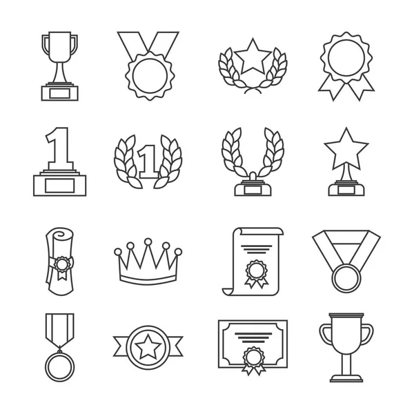 Prêmios medalhas de troféu e ganhar símbolos de ícones de sucesso de fita — Vetor de Stock