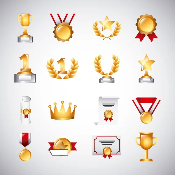 Premi medaglie di trofeo e simboli vincenti del successo del nastro — Vettoriale Stock