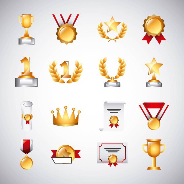 awards trophy medals and winning ribbon success icons symbols