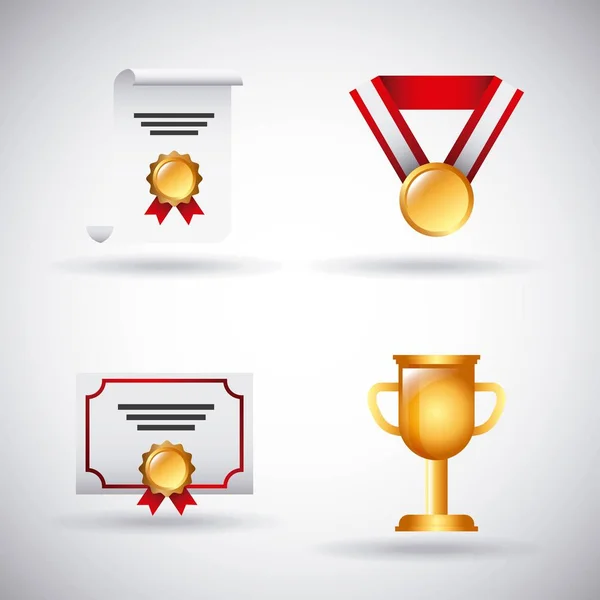 Ödül kupa madalya ve kazanan şerit başarı simgeleri simgeleri — Stok Vektör