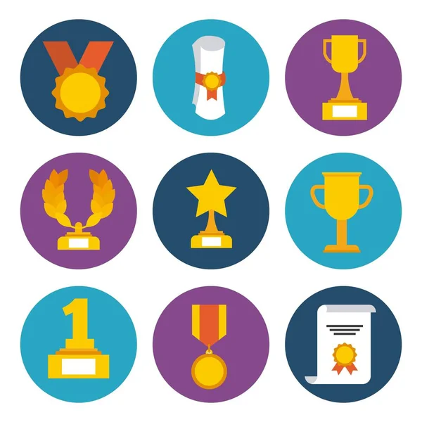 Βραβεία τρόπαιο μετάλλια και νικητήρια σύμβολα εικονίδια επιτυχία κορδέλα — Διανυσματικό Αρχείο