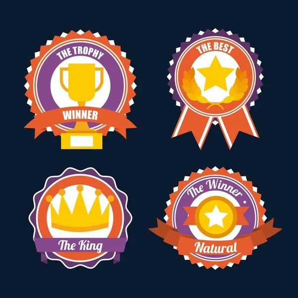 Prêmios medalhas de troféu e ganhar símbolos de ícones de sucesso de fita — Vetor de Stock