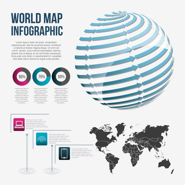 Mapa do mundo infográfico carta comunicação globo setas —  Vetores de Stock