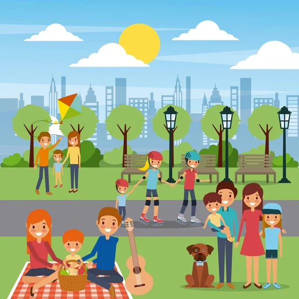 Differents family activities in the park city sunny day — Stock Vector