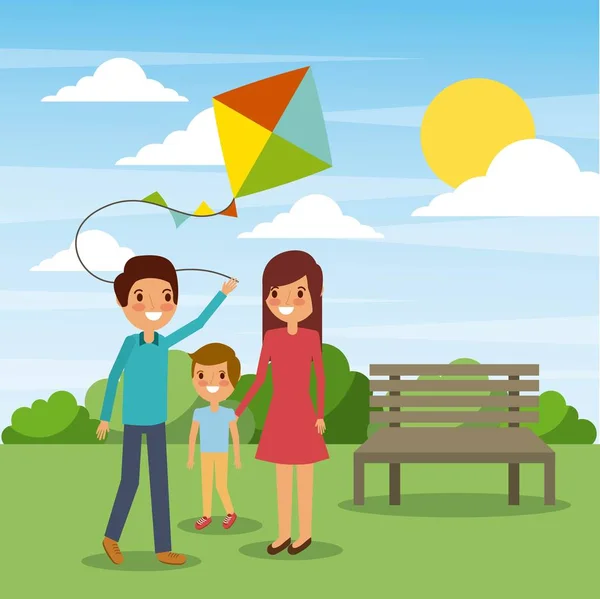 Familie spelen met grappige kite in het park — Stockvector