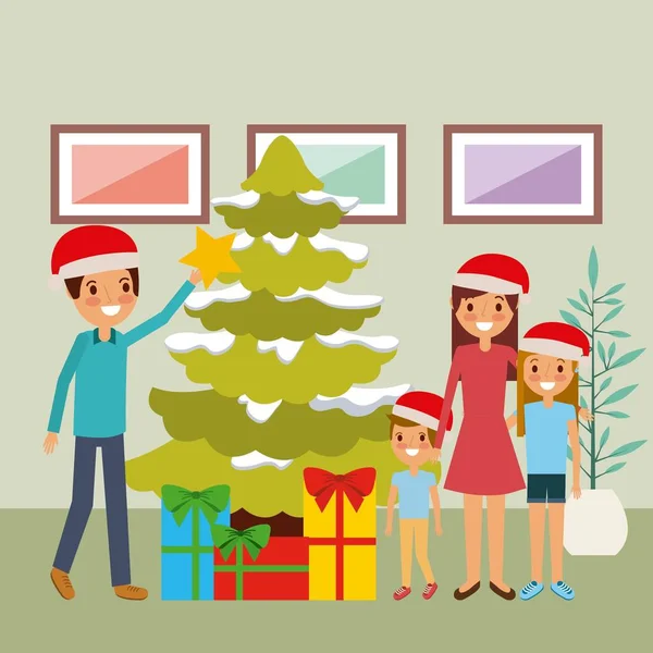 Familie schmückt gemeinsam Weihnachtsbaum und Geschenke — Stockvektor