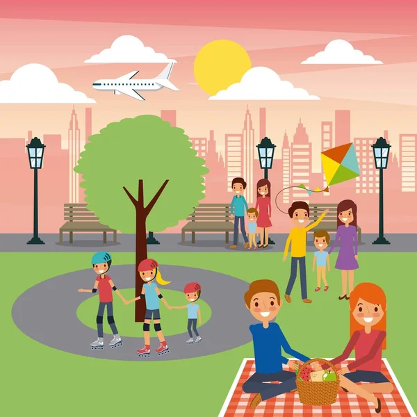 Différentes activités familiales dans le parc journée ensoleillée de la ville — Image vectorielle