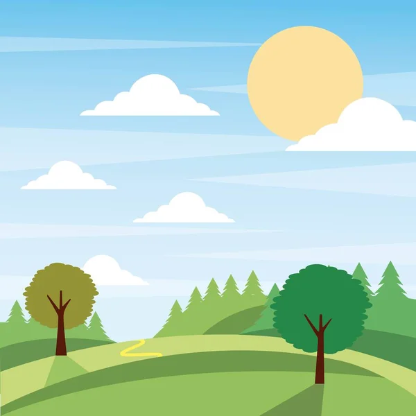 Сонячний природний пейзаж з деревами і луговою хмарною травою — стоковий вектор
