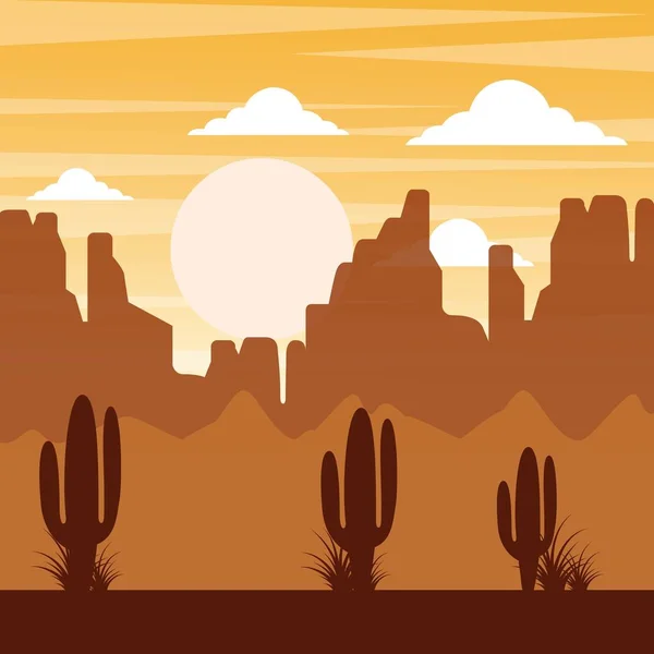 Desenhos animados paisagem do deserto com colinas de cacto e montanhas silhuetas natureza — Vetor de Stock