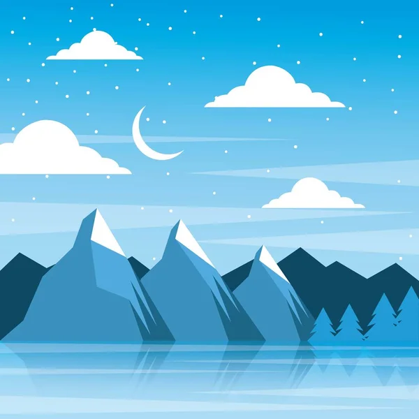Night winter mountains moon clouds pine tree reflection — Stock Vector