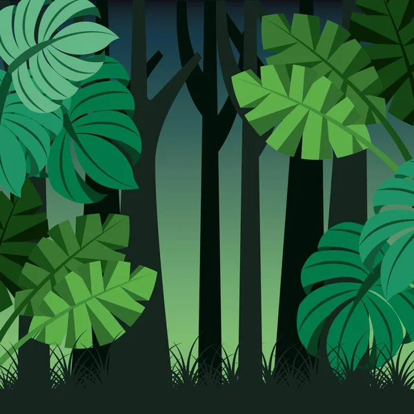 Troncos de paisaje tropical naturaleza y hojas de palma — Vector de stock