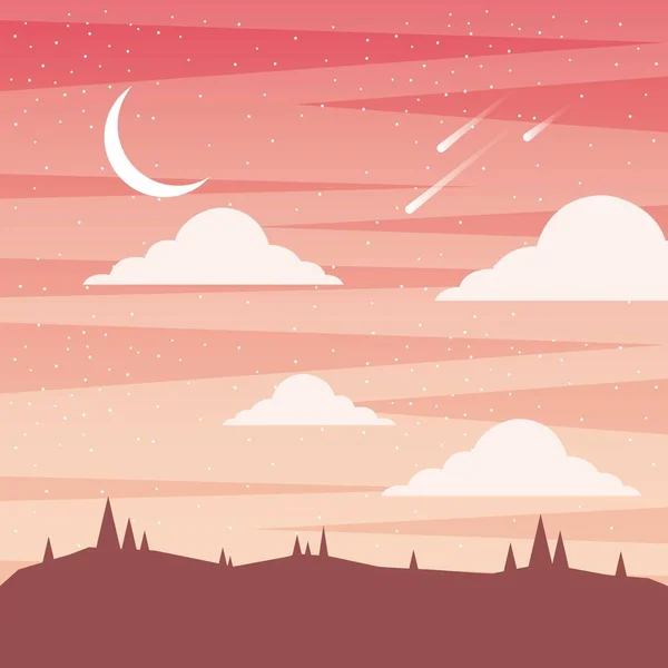 Coucher de soleil paysage lune nuages et chute astéroïde — Image vectorielle