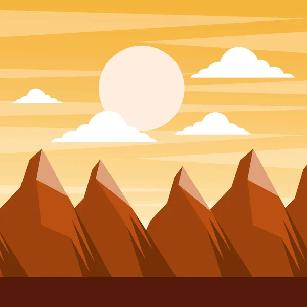 Paisaje puesta de sol en las montañas luna llena y nubes escena — Vector de stock