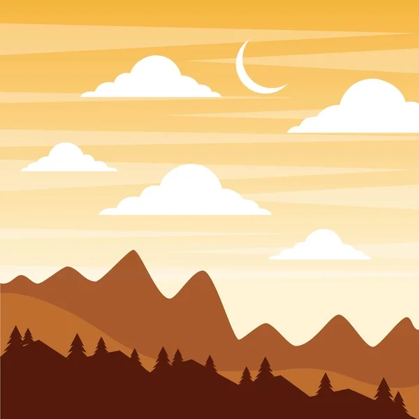 Paisaje puesta de sol en las montañas creciente luna cielo nubes — Vector de stock