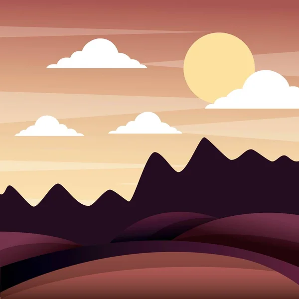 Paisaje puesta de sol en las montañas colinas cielo panorama — Vector de stock