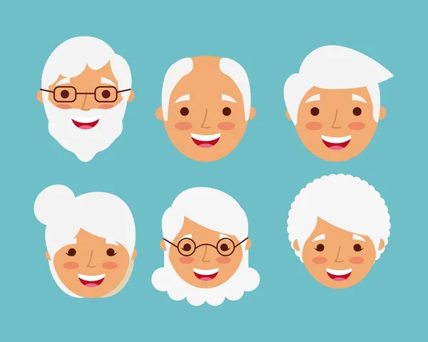 Dedesi yüzler mutlu gülümseyen yaşlı karakter — Stok Vektör