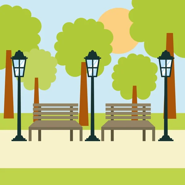 Две скамейки уличный фонарь и дерево солнечный пейзаж — стоковый вектор