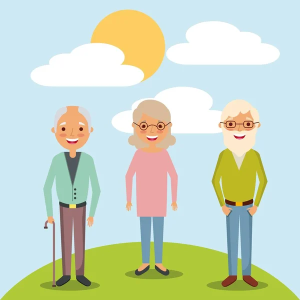Idősebb nő és férfi nagyszülők álló-ban táj — Stock Vector