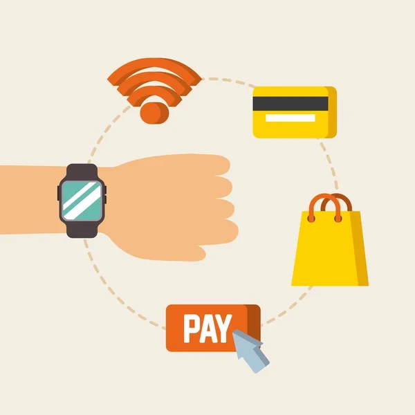 Hand met wearable technologie online betalen wifi creditcard shop — Stockvector