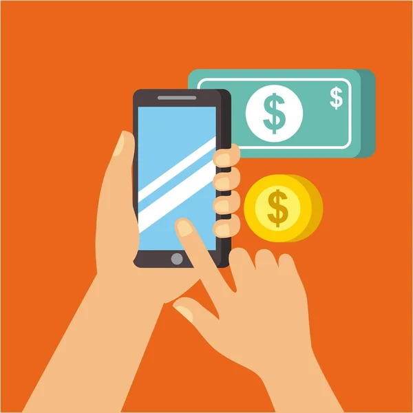 Main tenir smartphone doigt écran tactile paiement mobile — Image vectorielle