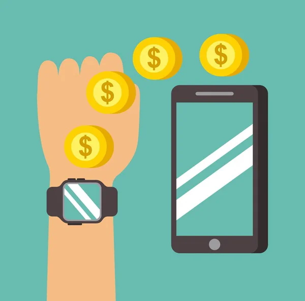 hand with smartwatch transfer money to mobile phone