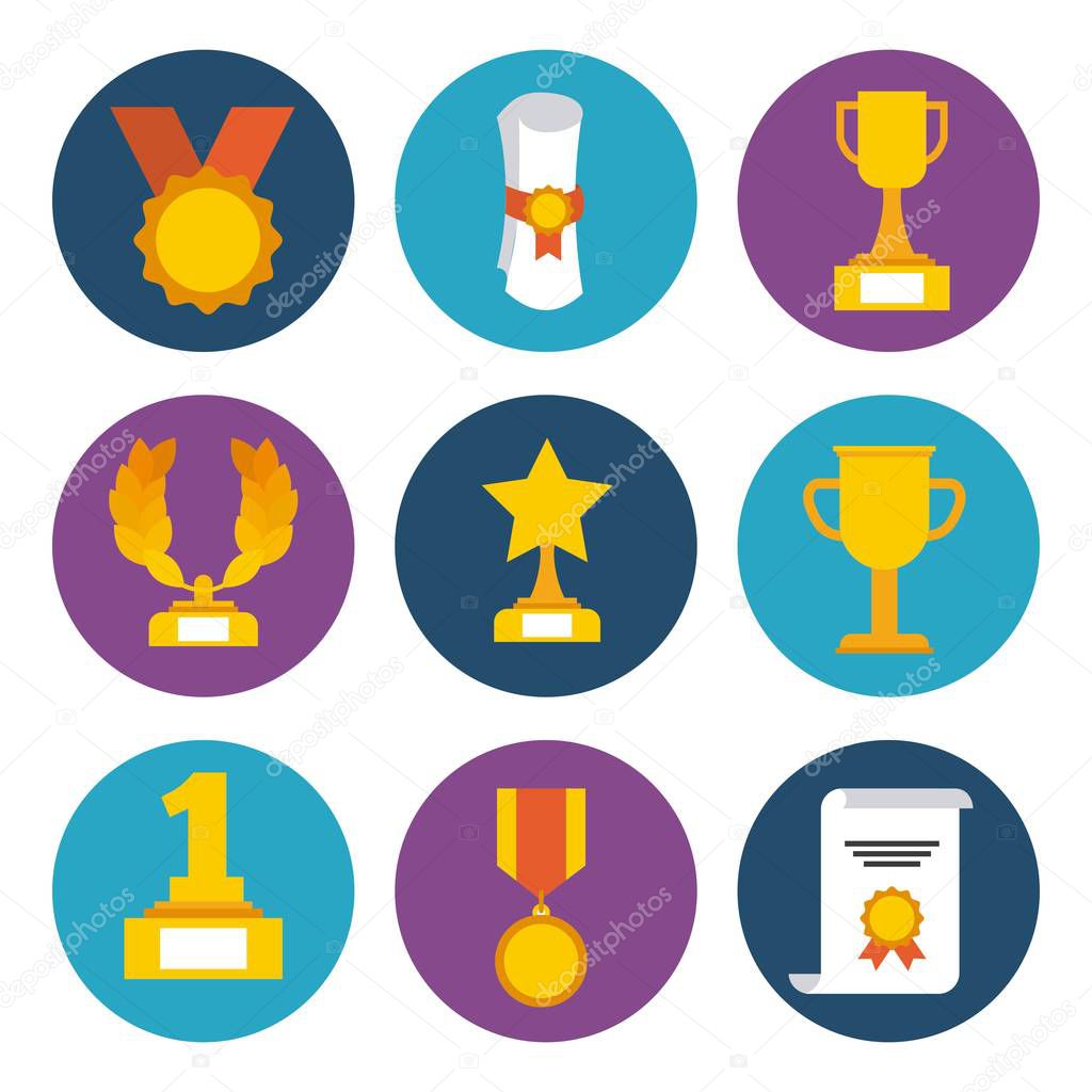 awards trophy medals and winning ribbon success icons symbols