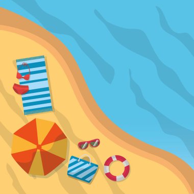 üstten görünüm plaj yaz havlu bikini şemsiye güneş gözlüğü çanta