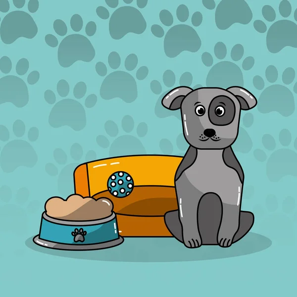 Cane domestico seduto con letto e ciotola cibo — Vettoriale Stock