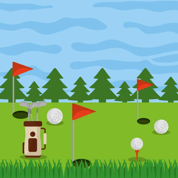 Pole golfowe pole otwory flaga kluby piłki i torba — Wektor stockowy