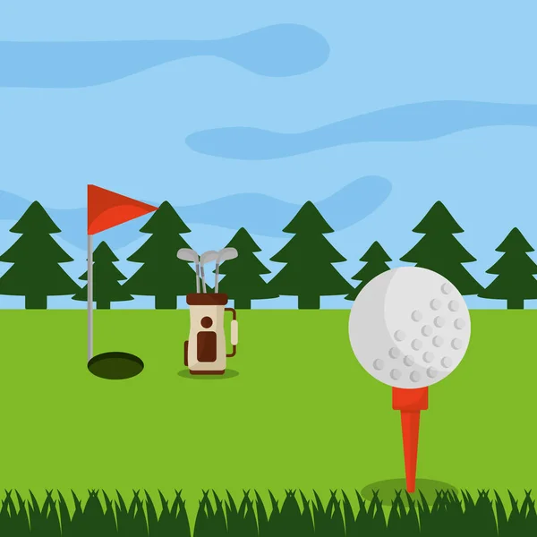 Campo de golf agujero bandera bola y bosque de pino — Archivo Imágenes Vectoriales