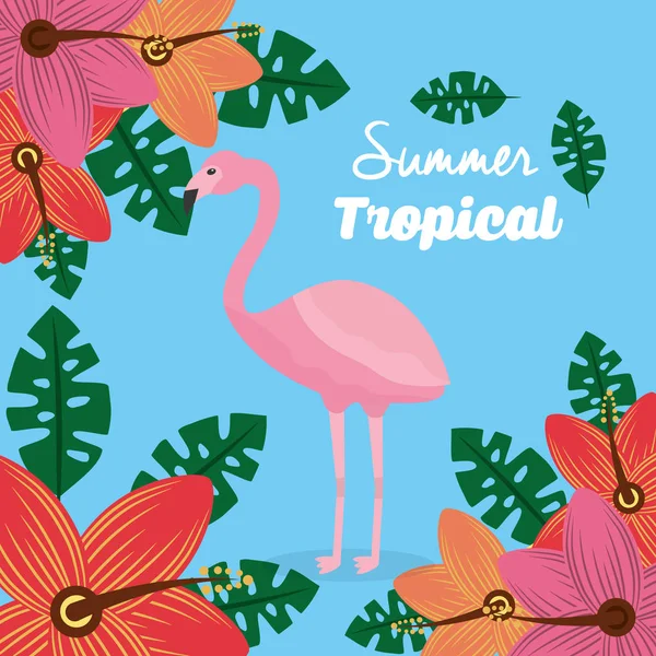 Verão tropical flamingo flores folhas cartaz —  Vetores de Stock