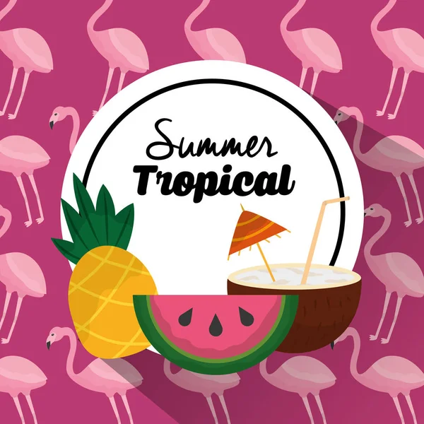 Sommer tropischen Banner Ananas Wassermelone und Cocktail Flamingo Hintergrund — Stockvektor