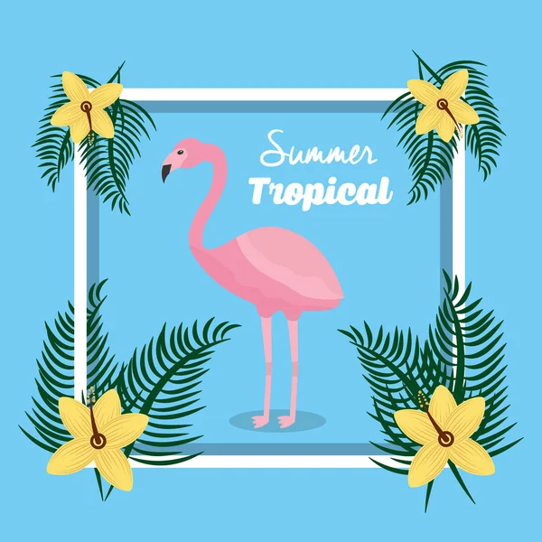 Flamingo tropical de verão com decoração de moldura de flores —  Vetores de Stock