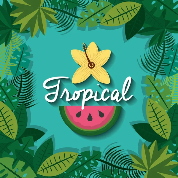 Fruta tropical y flor con hojas follaje natural — Vector de stock