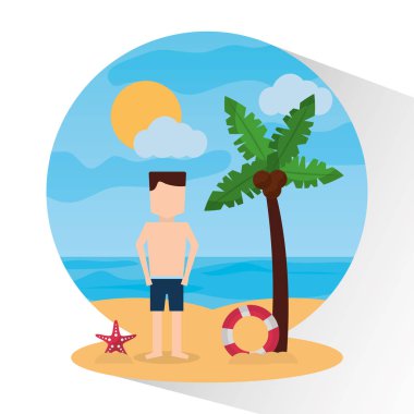 adam ayakta plaj şemsiye lifebuoy deniz rozet resim ile