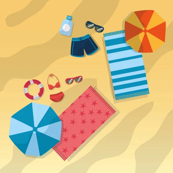 Top view beach with swimsuits umbrella sunglasses towels and bottle sunscreen — Stock Vector