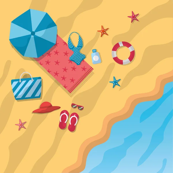 Paraguas de playa bikini sandalias sombrero bolsa toalla estrella de mar playa vista superior — Vector de stock
