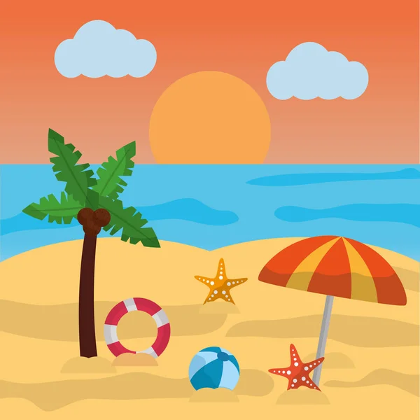 Playa verano palma paraguas bola estrella de mar sol nube y mar — Vector de stock