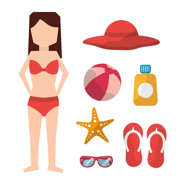 Mujer con bikini sombrero bola sandalias gafas de sol bloqueador solar y estrellas de mar — Vector de stock