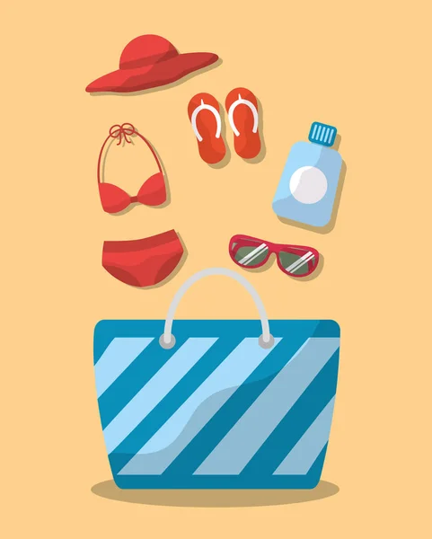 Summer elements bag bikini sunglasses hat sandals sunblock — Stock Vector