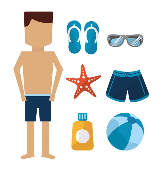 Man standing with swimsuit sandals sunglasses starfish ball sunblock — Stock Vector