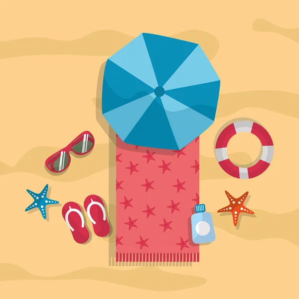 Beach summer tourism umbrella towel sunglasses flip flops lifebuoy starfish — Stock Vector