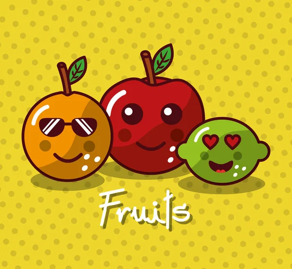 Schattig kawaii vruchten instellen glimlachend gezonde voeding — Stockvector