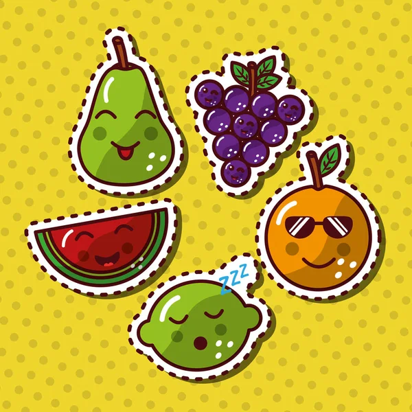 Kawaii lächelnde Früchte entzückender Lebensmittel-Cartoon — Stockvektor